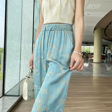 国风醋酸缎面提花冰丝阔腿裤女夏季薄款高腰宽松直筒拖地休闲裤子商品大图