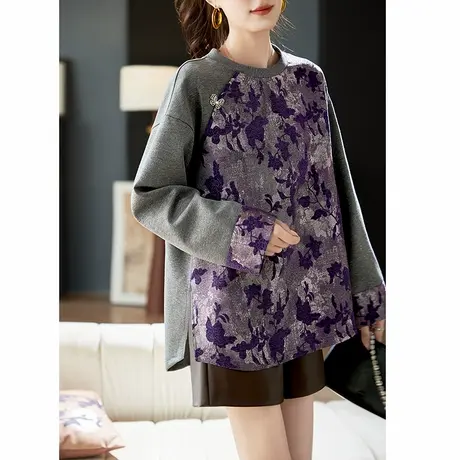 宝诗黎圆领亮丝提花拼接长袖卫衣2025春季韩版宽松百搭休闲短上衣商品大图