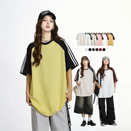 2025夏装新款纯棉拼色宽松T恤男女同款ins风潮牌短袖上衣6色可选图片
