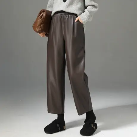 秋冬棕色PU皮裤女2024新款宽松阔腿休闲直筒裤小个子哈伦九分裤子商品大图