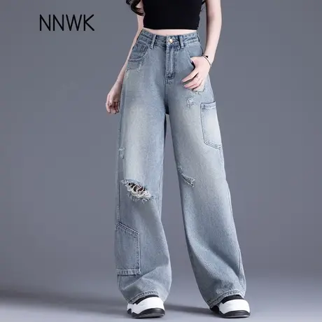 复古做旧破洞牛仔裤女2025新款夏薄款设计感阔腿裤高腰直筒工装裤图片