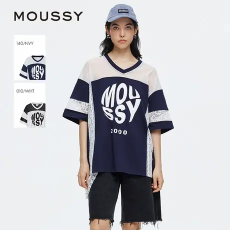 MOUSSY 2025夏季新品网纱蕾丝拼接撞色LOGO短袖T恤028ISA90-2931图片