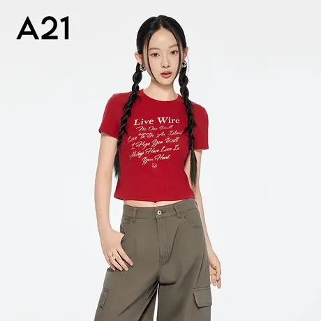 A21女装四色可选微弹棉T恤简约设计感印花字母圆领上衣图片
