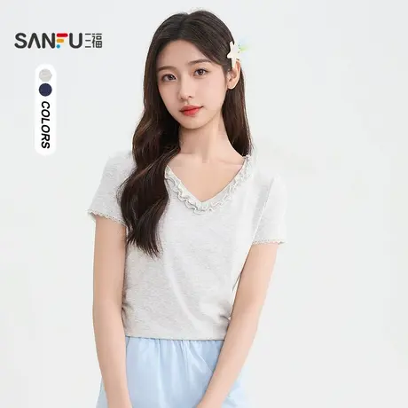 三福短T恤2025夏季花边拼接袖口木耳边V领褶皱上衣女装505625商品大图