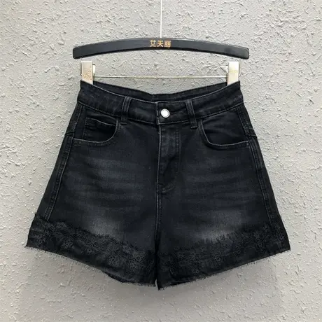 复古黑色牛仔短裤女25夏季新款蕾丝花边高腰宽松显瘦a字阔腿热裤商品大图
