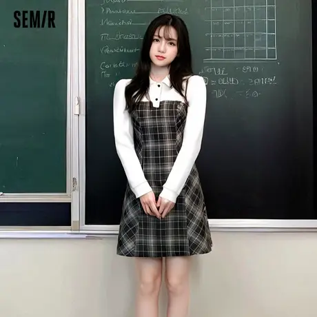 森马连衣裙女撞色polo领泡泡袖温柔优雅秋小个子时尚拼色短裙气质商品大图