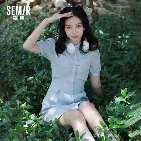 森马连衣裙女泡泡袖裙子夏季少女感小个子法式蓝色显瘦衬衫短裙潮图片
