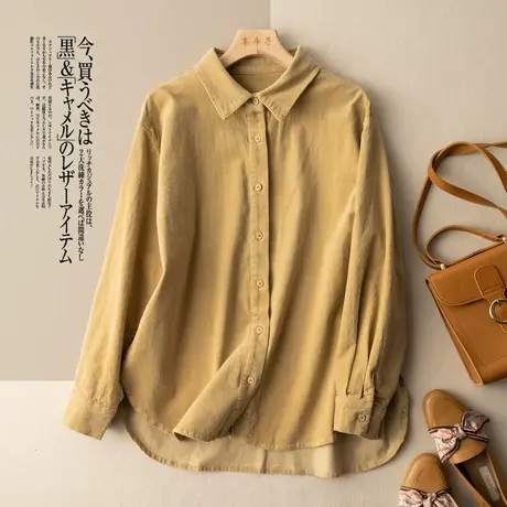 灯芯绒薄绒条绒衬衫女宽松文艺复古纯色衬衣秋冬上衣时尚2022新款图片