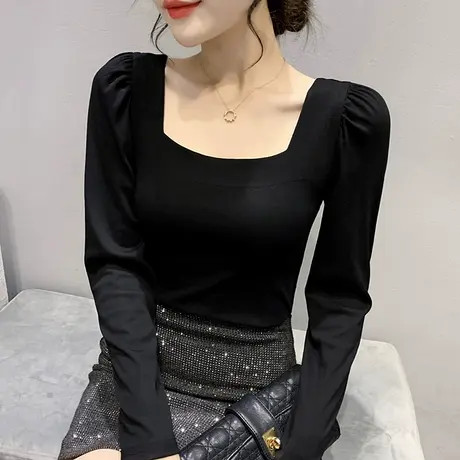 2024春秋新款时尚泡泡袖T恤性感露锁骨上衣紧身内搭打底衫女长袖商品大图