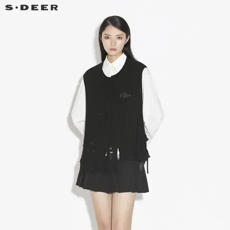sdeer圣迪奥女装春秋装罗纹圆领做旧破洞飘带针织背心S21383502图片