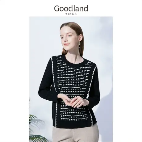 *切Goodland美地女装冬季时尚黑白编织效果针织衫套头图片