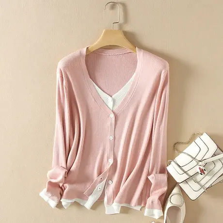 美丽诺羊毛假两件套针织开衫春装女2024新款宽松软糯外套打底毛衣图片