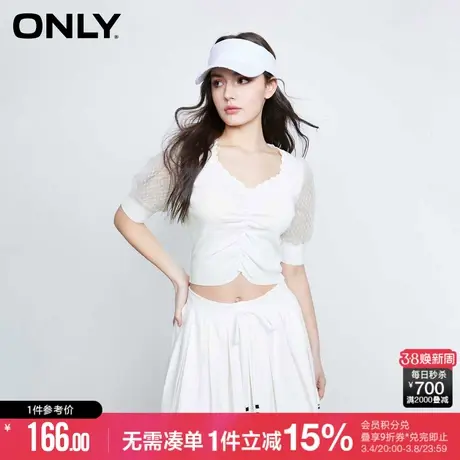 ONLY秋季时尚减龄轻薄公主风V领修身捏褶泡泡袖短款网纱针织衫女商品大图