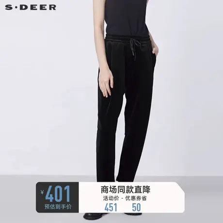 sdeer圣迪奥冬季抽绳松紧压褶灯芯绒黑色长裤女S21480813图片