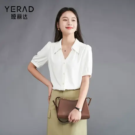 娅丽达高级感通勤蓝色职业短袖衬衫女夏季2025新款大码雪纺衬衣图片