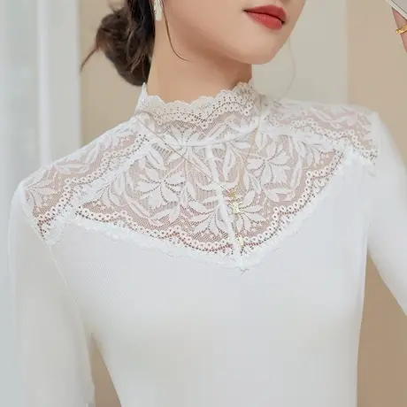 五公主新款蕾丝打底衫女秋冬高领小衫白色内搭减龄时尚洋气上衣薄商品大图