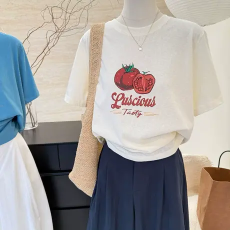 高级感圆领宽松西红柿印花雪花棉凉感短袖t恤女夏季新款半袖上衣图片