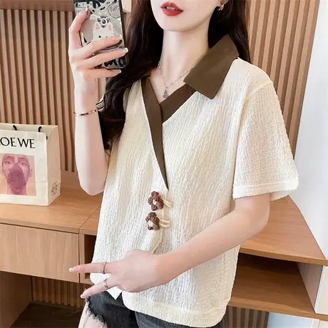 设计感小众polo领短袖t恤女2025新款夏季宽松初中生假两件上衣服图片