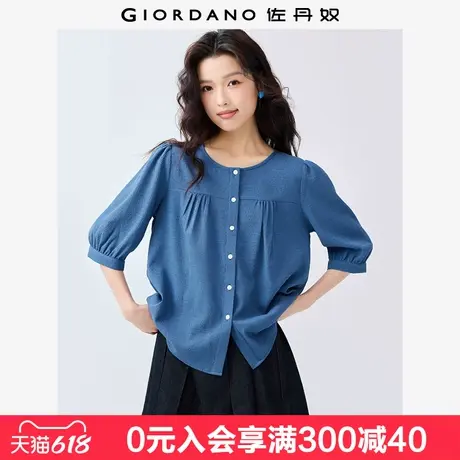 佐丹奴中袖衬衫女新款气质通勤风泡泡皱收褶破骨圆领衬衣13345329图片