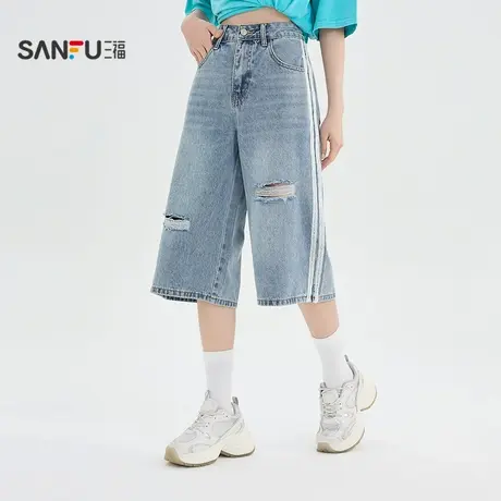 三福牛仔裤2025新款夏季破洞宽松中裤休闲直筒七分裤子女装501204商品大图