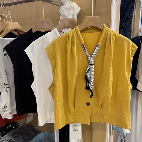 韩系V领丝带搭配无袖衬衫女夏季2025新款通勤气质坎肩无袖小衫潮商品大图