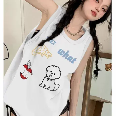 纯棉辣妹吊带坎肩背心无袖t恤女夏外穿高级感慵懒风宽松挂脖上衣商品大图