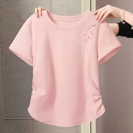 NOB真维斯粉色抽褶短袖t恤女士2025新款夏季短款修身显瘦甜辣半袖图片