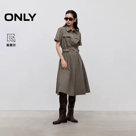 ONLY2025夏季新款工装风翻领收腰显瘦中长裙短袖衬衫裙连衣裙女商品大图