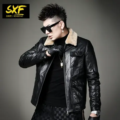 SXF圣希梵皮夹克外套男 真皮羊羔毛领潮牌压花工装夹棉男士皮衣服图片
