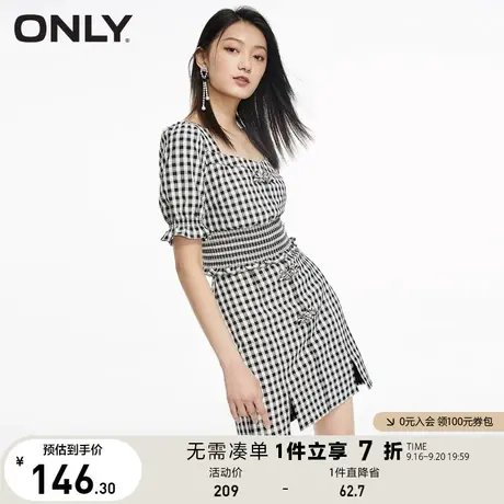 ONLY奥莱夏季格纹中国风泡泡袖方领开叉两件套连衣裙女商品大图