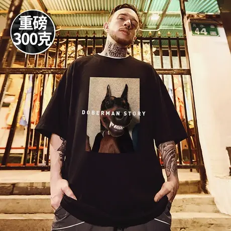 300g重磅加肥加大码短袖t恤街头男圆领纯棉国潮五分胖子半袖潮流商品大图