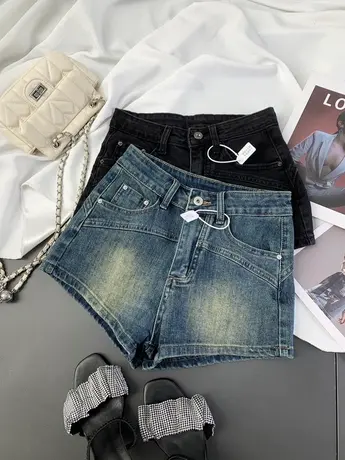 美式复古磨白两粒扣牛仔短裤2024春夏新款蜜桃臀高腰辣妹弹力短裤商品大图