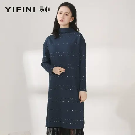 Yifini/易菲文艺宽松落肩H型长袖连衣裙半高领素雅中长款冬上衣女图片