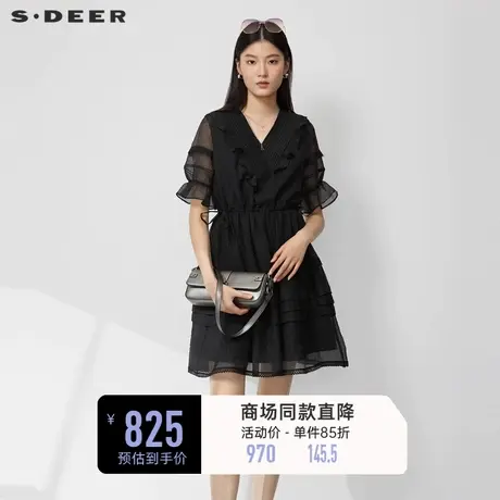 sdeer圣迪奥女装V领风琴褶荷叶边收腰泡泡袖连衣裙S23281215商品大图