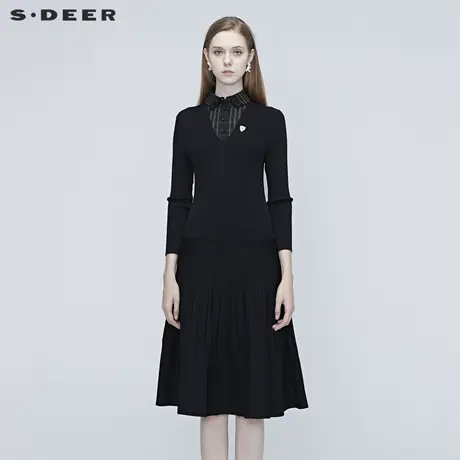 sdeer圣迪奥拼接连衣裙女装时尚翻领早秋新款女装裙S20381213商品大图