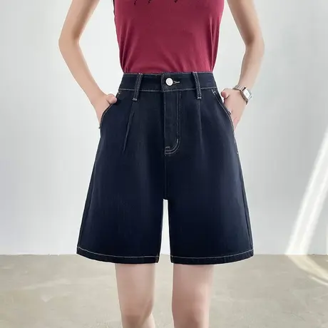 五分天丝棉牛仔短裤女夏季薄款高腰宽松A字直筒阔腿四面弹中裤子图片