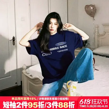 美式街头风设计感潮牌藏蓝色短袖t恤女宽松大版显瘦正肩半袖上衣商品大图