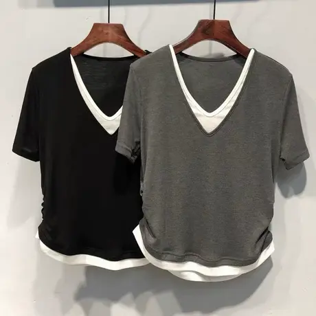 假两件拼接设计感短袖T恤女夏季宽松韩版内搭打底衫抽褶V领上衣服商品大图