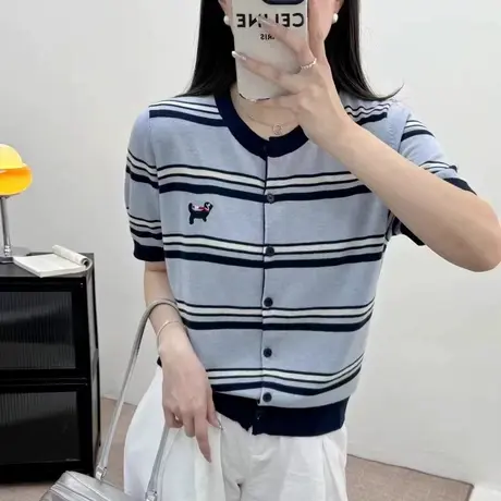短袖单排扣针织衫女2025春夏新款开衫短款上衣T恤细羊毛条纹绣花图片