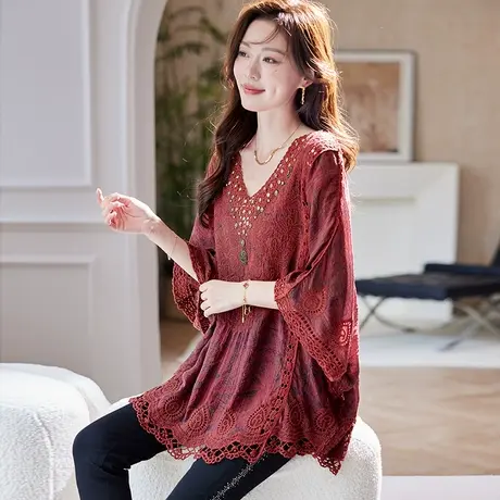 宝诗黎蝙蝠袖刺绣印花衬衫2025夏季气质波西米亚风宽松大码女装商品大图