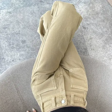 卡其色高腰阔腿牛仔裤女2025年春秋新款宽松百搭垂感显瘦拖地长裤商品大图