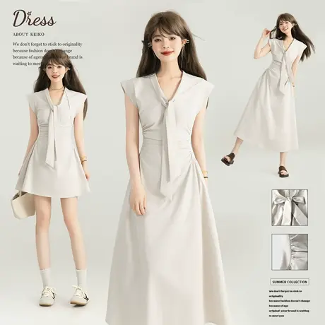KEIKO 简约通勤飘带领收腰连衣裙25早秋高级感小飞袖V领显瘦长裙商品大图