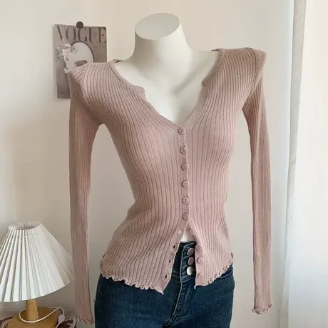 春夏温柔气质女人味性感纯欲修身半开V领显胸薄款小开衫针织上衣商品大图