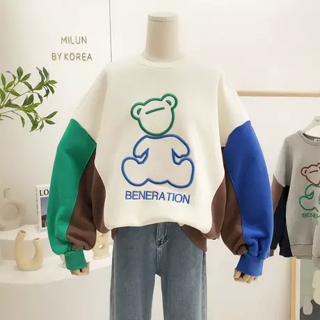 韩国东大门小熊上衣2021秋冬季款ins小众撞色加绒厚卫衣宽松大码商品大图