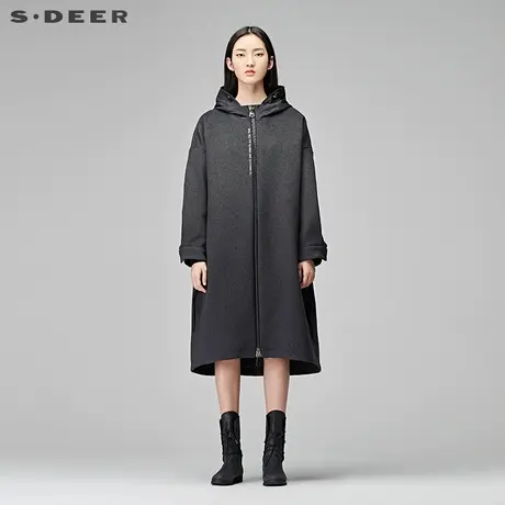 sdeer圣迪奥女装连帽拼接刺绣系腰毛呢大衣外套S17481868图片