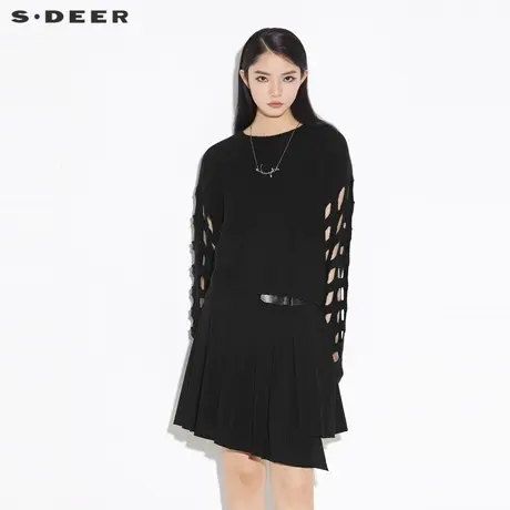 sdeer圣迪奥女装春秋装简约罗纹圆领镂空设计针织衫女S21383510图片
