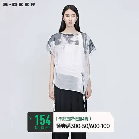 sdeer圣迪奥夏季抽绳衬衣女设计感小众雪纺印染衬衫女S20280419图片