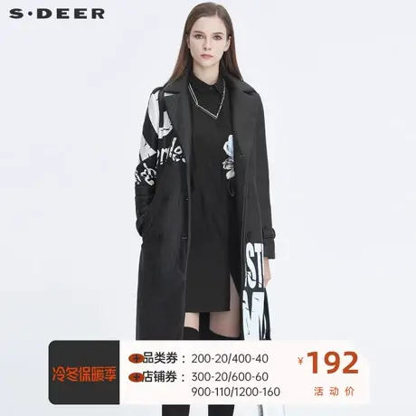 sdeer圣迪奥女装时尚平驳领收腰字母印花长款大衣外套S19381838图片