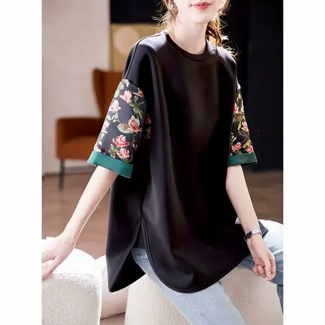 宝诗黎圆领提花拼接短袖T恤女2025夏季简约宽松慵懒百搭休闲上衣图片