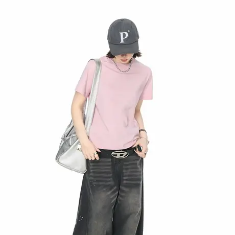 2025夏季新款正肩短袖T恤女纯色美式复古辣妹风修身短款半袖上衣图片